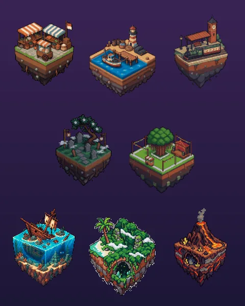 Eight floating islands, one for each map