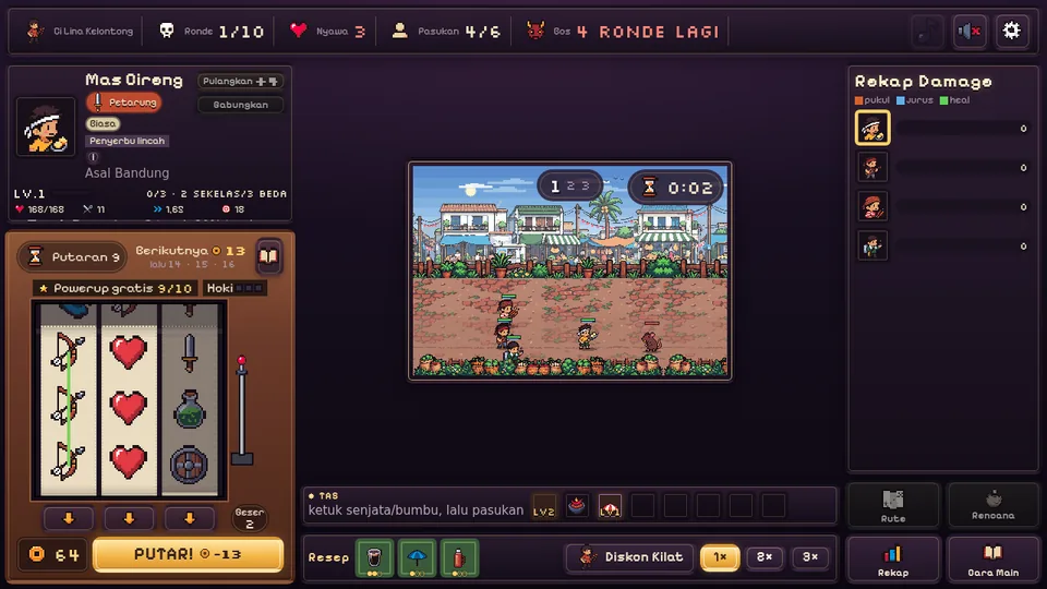 Slot machine, arena and damage recap on a computer